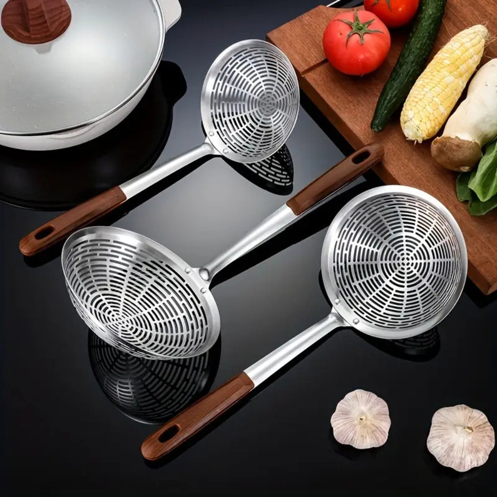 Premium Steel Skimmer Spoon with Ergonomic Wooden Handle - Perfect for Cooking and Straining