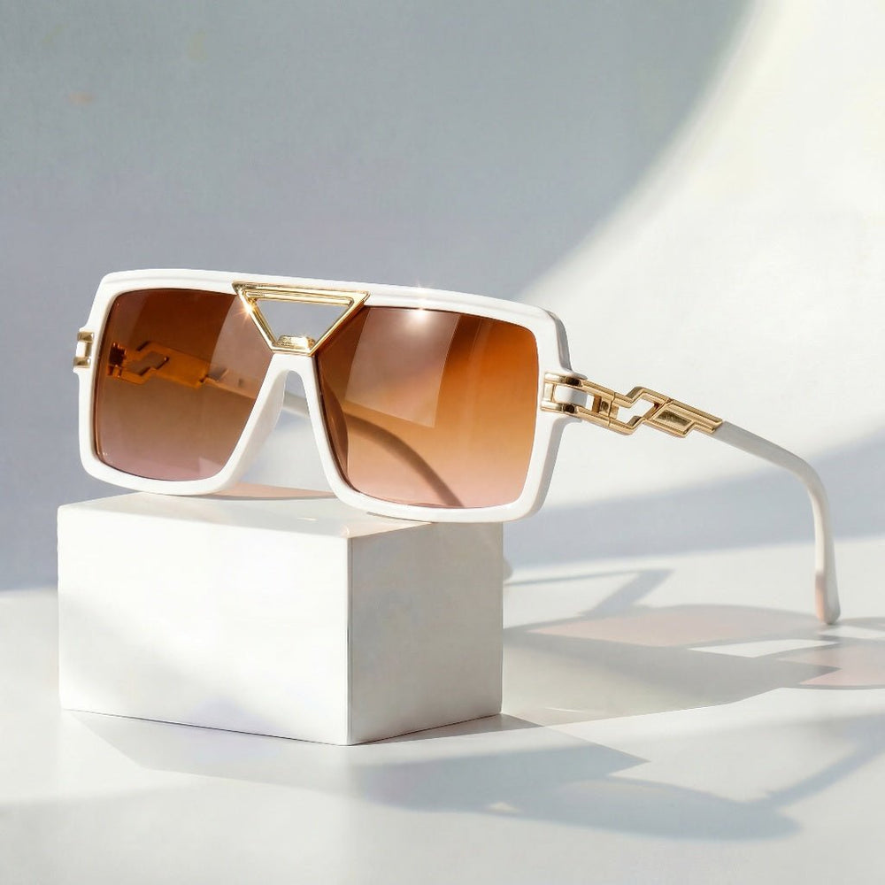 Oversized Square Sunglasses – Chain Link Temples, Gold Accents & UV Protection