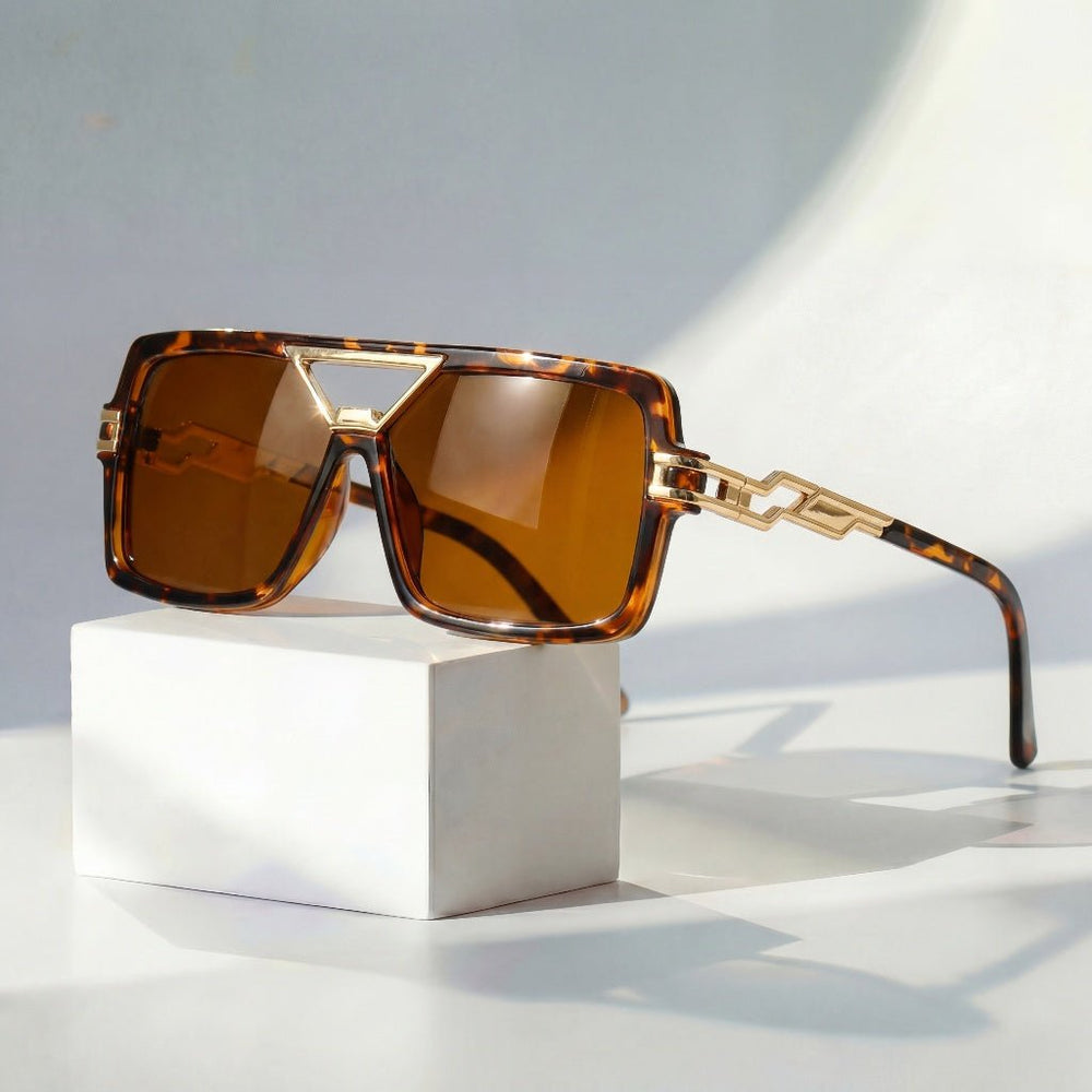 Oversized Square Sunglasses – Chain Link Temples, Gold Accents & UV Protection
