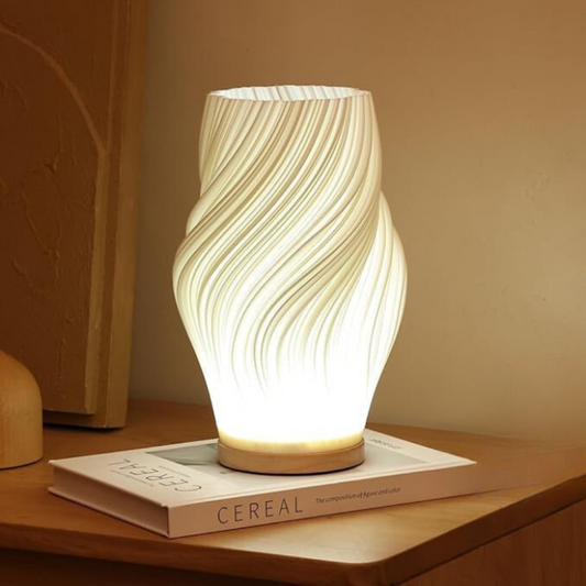 Table Lamp – Modern Wave Design, USB Dimmable & Wood Base LED Light