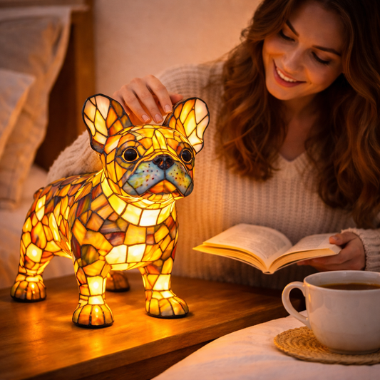 Dog Table Lamp – Stained Glass Design, LED Night Light & Bedroom Decor