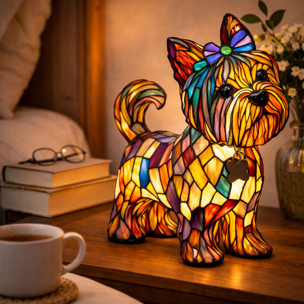 Stained Glass Dog Lamp LED Table Night Light Bedroom Desk