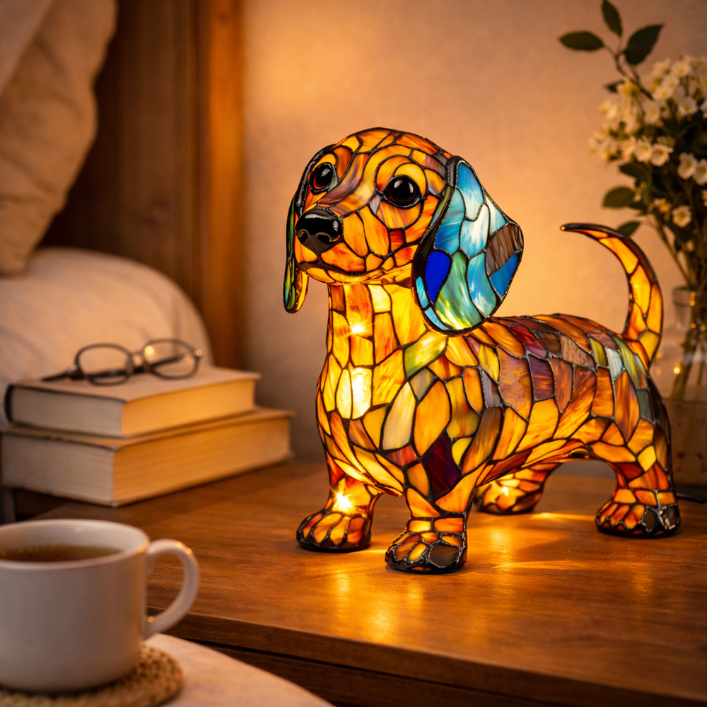 Stained Glass Dog Lamp LED Table Night Light Bedroom Desk
