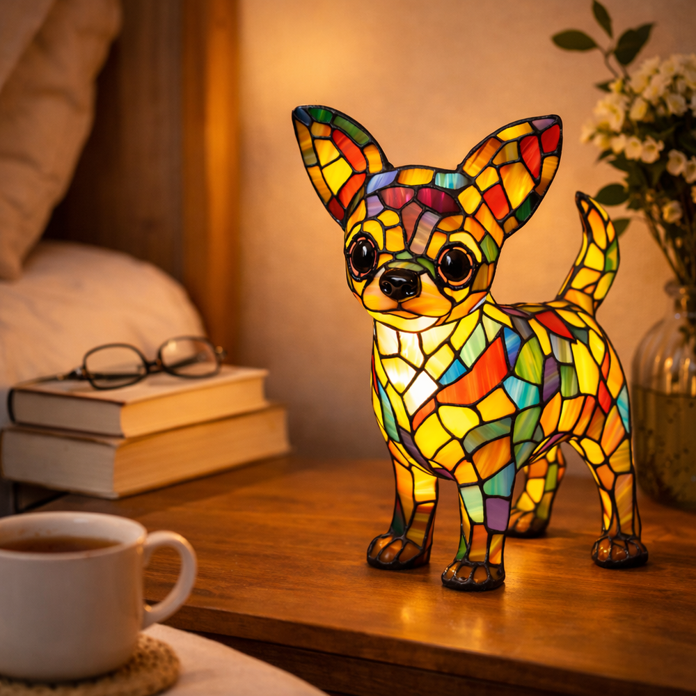 Stained Glass Dog Lamp LED Table Night Light Bedroom Desk