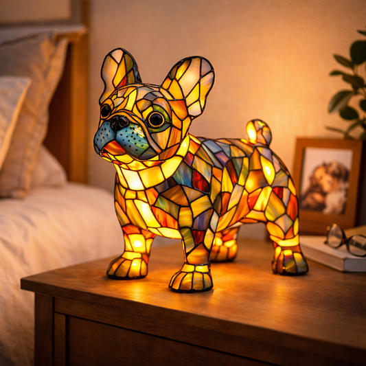 Dog Table Lamp – Stained Glass Design, LED Night Light & Bedroom Desk Decor