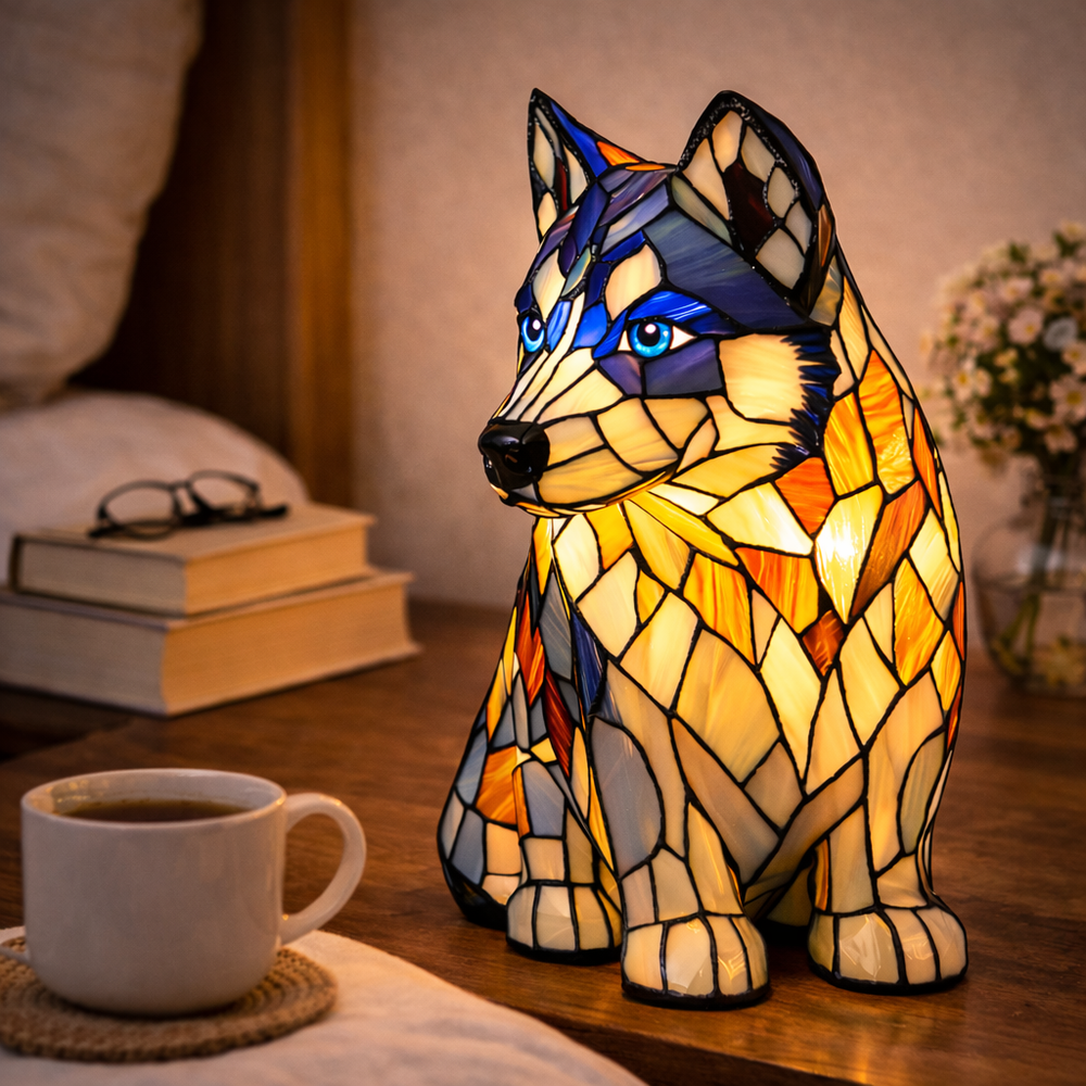 Colorful Dog Table Lamp Stained Glass LED Night Light Bedroom