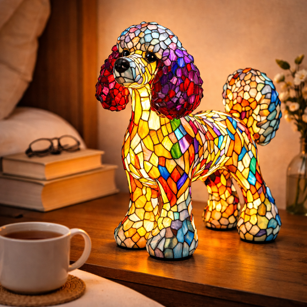 Stained Glass Dog Lamp LED Table Night Light Bedroom Desk