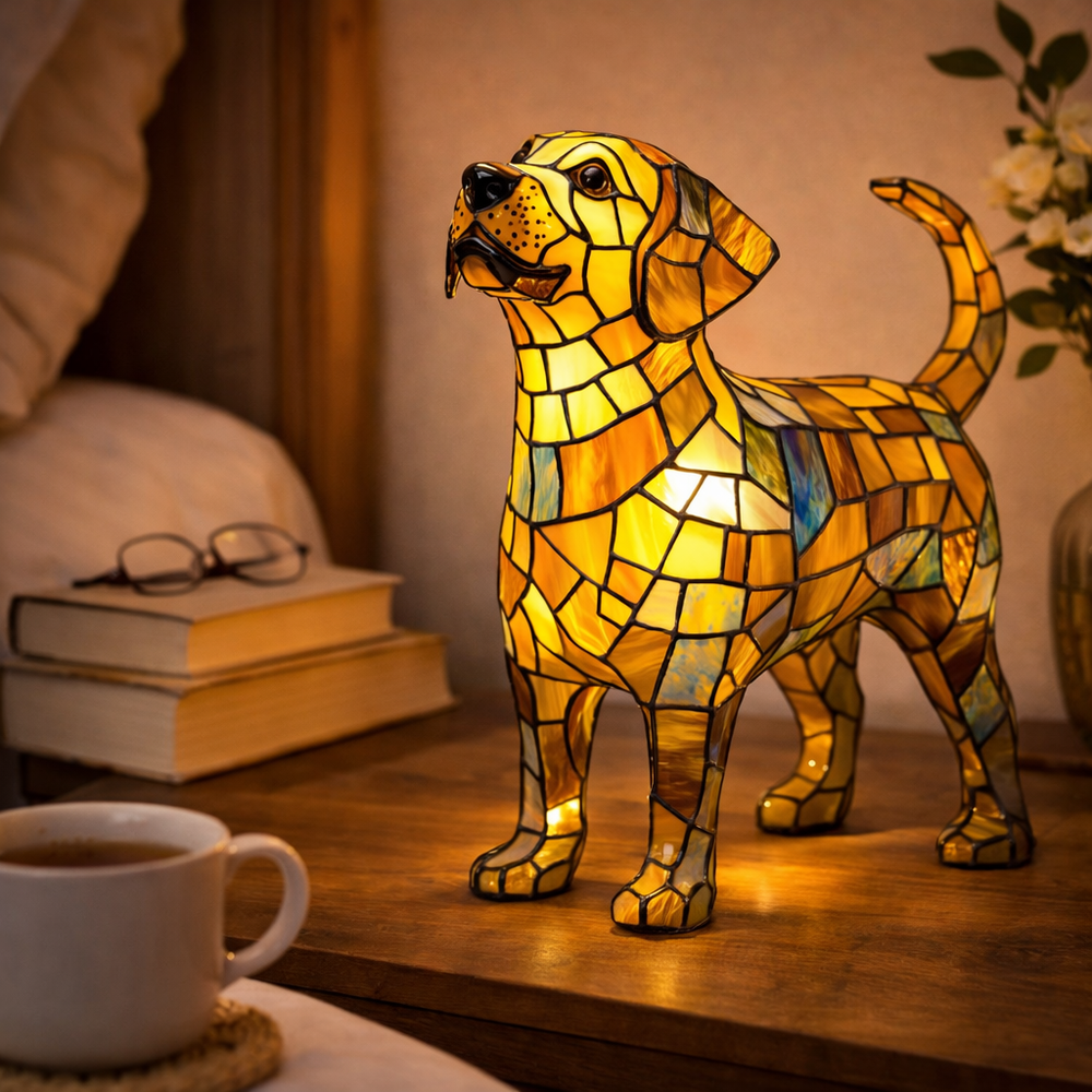 Stained Glass Dog Lamp LED Table Night Light Bedroom Desk