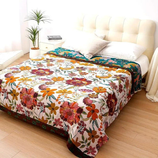 Throw Reversible Cotton Blanket Floral Design