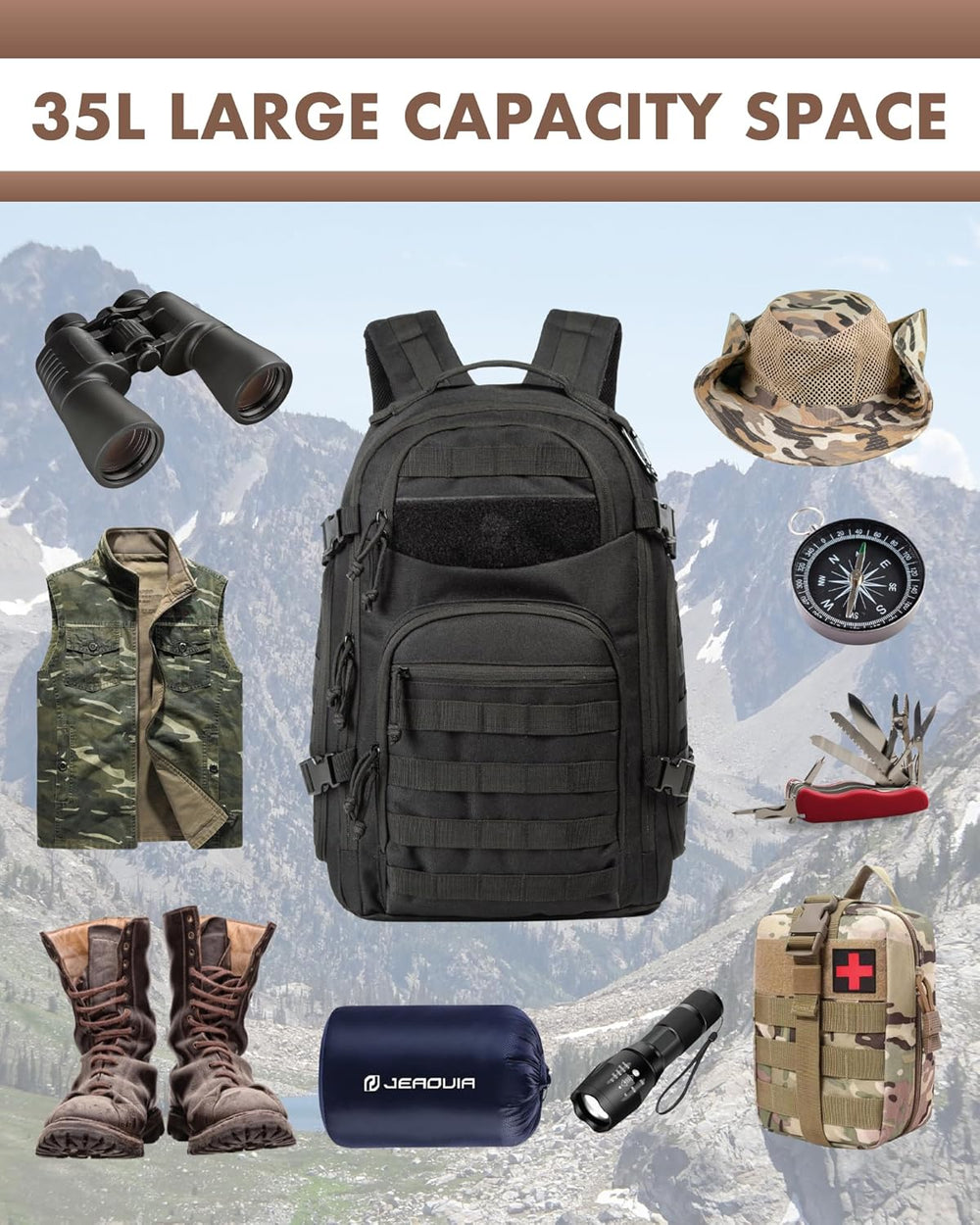 35L Tactical Outdoor Backpack with Molle System & Laptop Compartment - Durable, Water-Resistant, Ideal for Hiking, Camping, and Travel