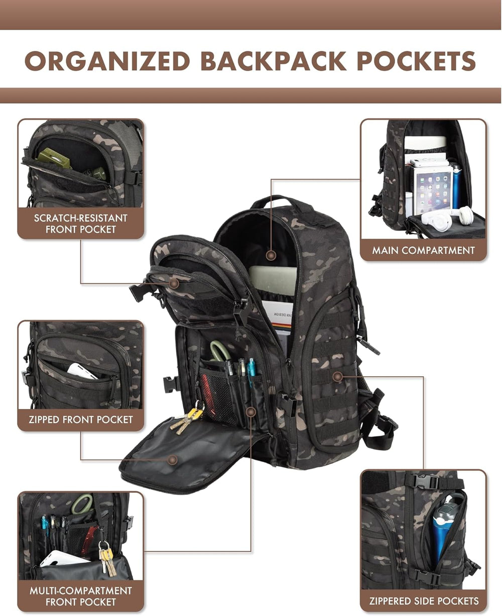 35L Tactical Outdoor Backpack with Molle System & Laptop Compartment - Durable, Water-Resistant, Ideal for Hiking, Camping, and Travel