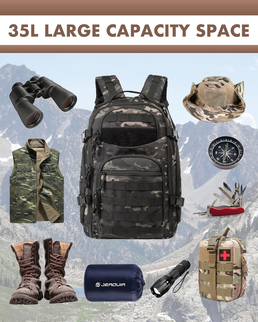 35L Tactical Outdoor Backpack with Molle System & Laptop Compartment - Durable, Water-Resistant, Ideal for Hiking, Camping, and Travel