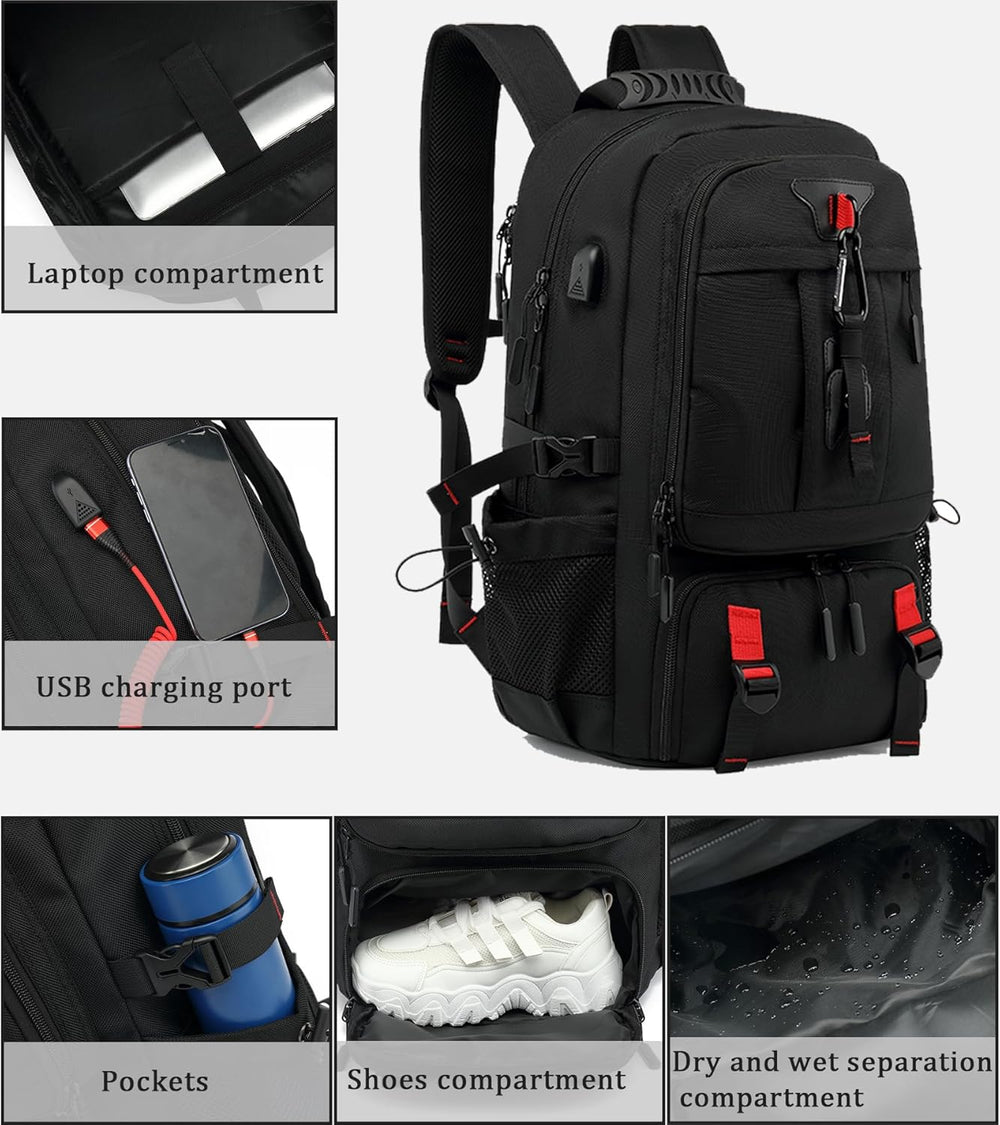 60L Waterproof Travel Laptop Backpack with USB Charging Port & Dedicated Shoe Compartment - Ideal for Hiking, Camping, and Daily Commute