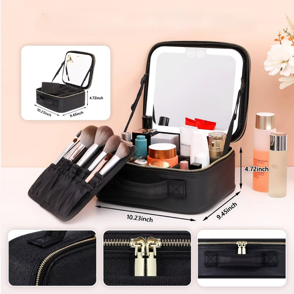 Travel Makeup Organizer with LED Mirror - Compact Cosmetic Case for On-the-Go Beauty
