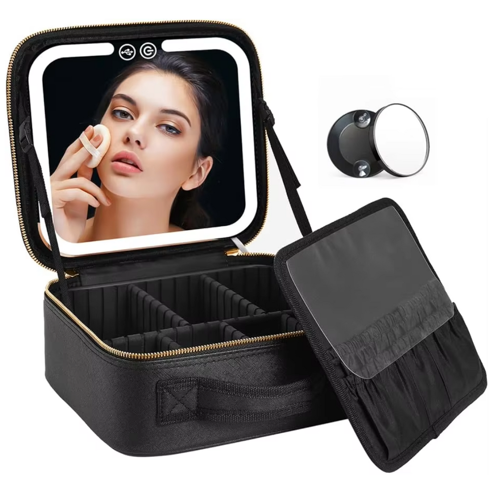 Travel Makeup Organizer with LED Mirror - Compact Cosmetic Case for On-the-Go Beauty