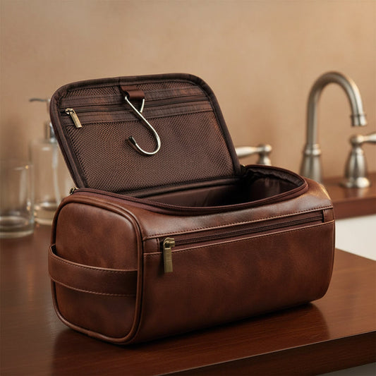 Travel Toiletry Bag – Leather Cosmetic Organizer, Hanging Hook & 4 Colors