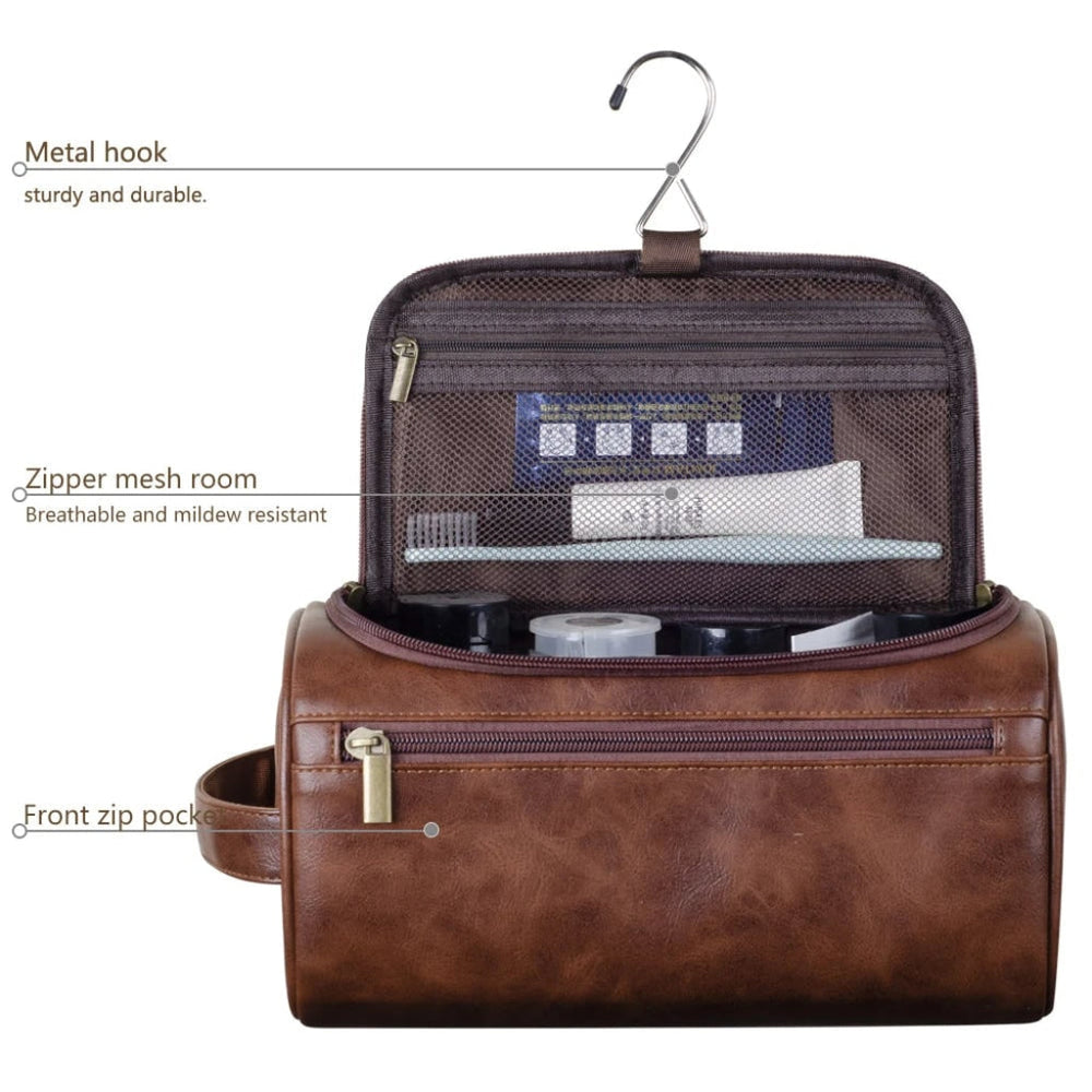 Travel Toiletry Bag – Leather Cosmetic Organizer, Hanging Hook & 4 Colors