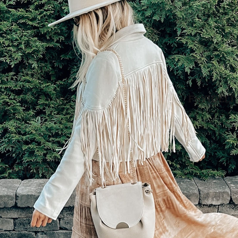 Trendy Suede Ladies Jacket with Fringes - Isabella