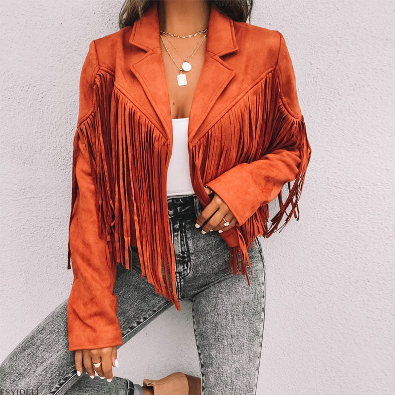 Trendy Suede Ladies Jacket with Fringes - Isabella