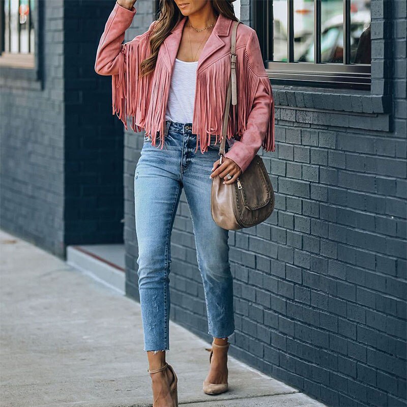 Trendy Suede Ladies Jacket with Fringes - Isabella