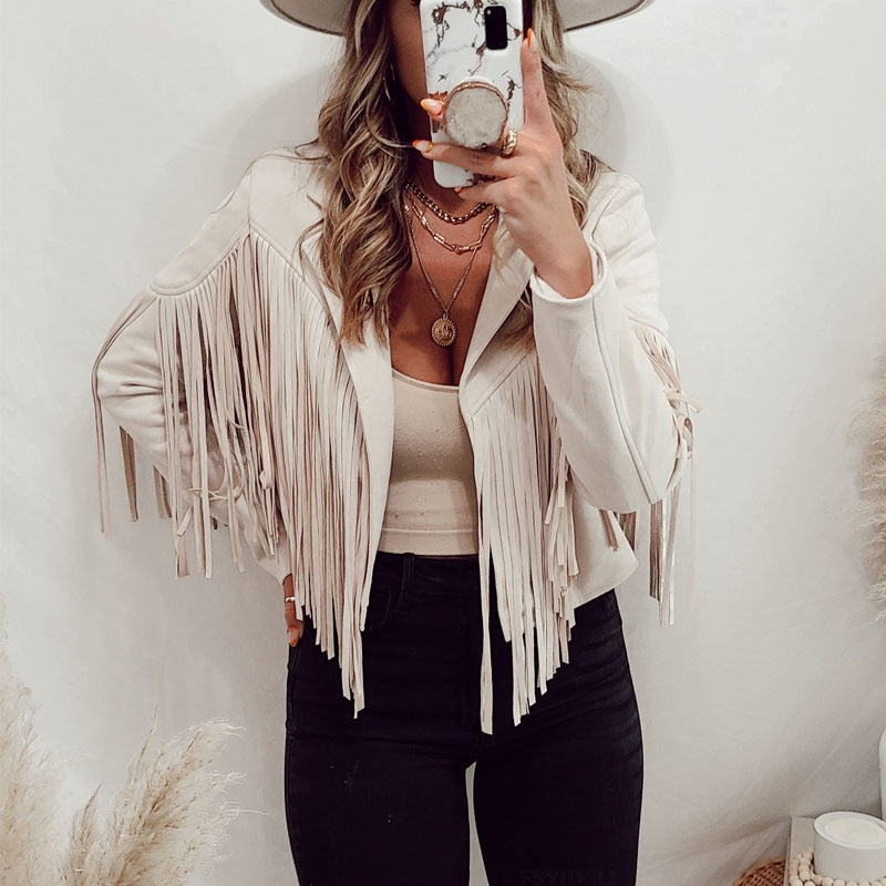 Trendy Suede Ladies Jacket with Fringes - Isabella