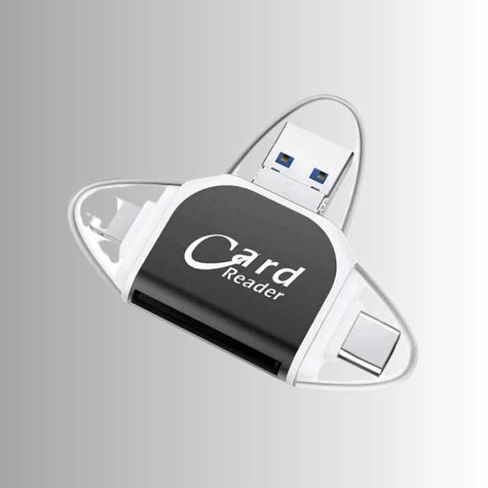 4-in-1 Memory Card Reader – USB, Type-C & Lightning, SD & Micro SD Support