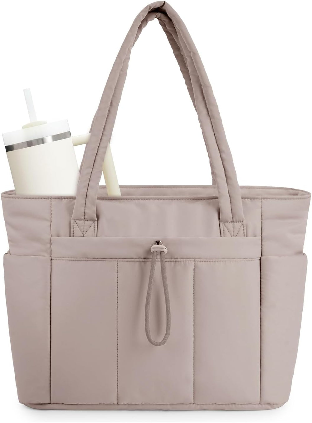 Quilted Puffer Tote Bag with Cup Holder & Laptop Sleeve - Stylish Travel & Work Companion