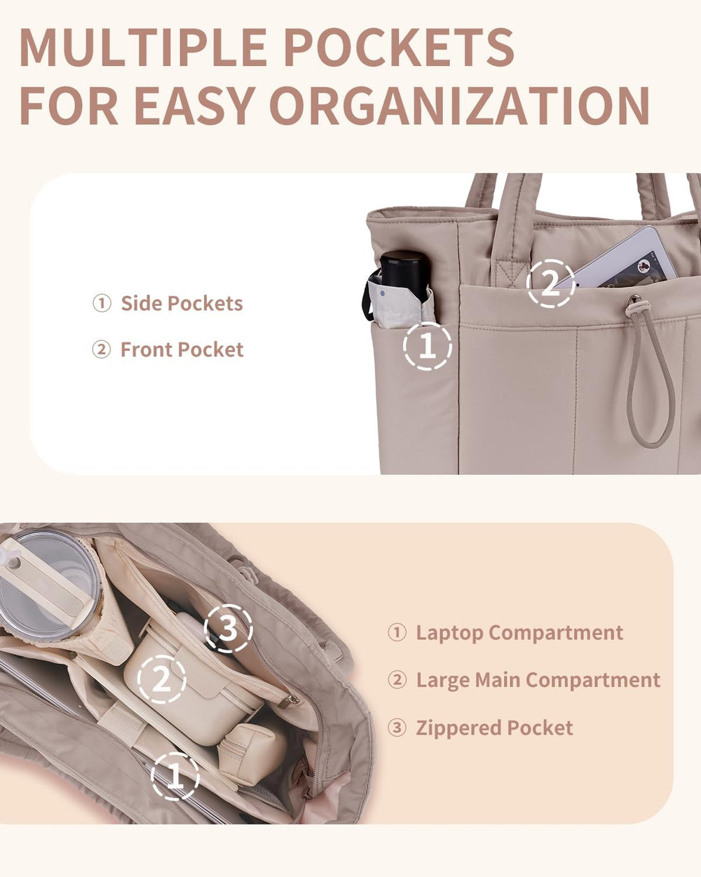 Quilted Puffer Tote Bag with Cup Holder & Laptop Sleeve - Stylish Travel & Work Companion
