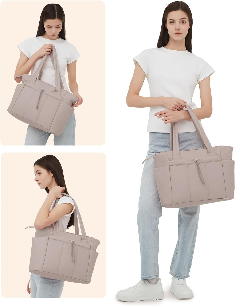 Padded Puffer Tote Bag - Beige