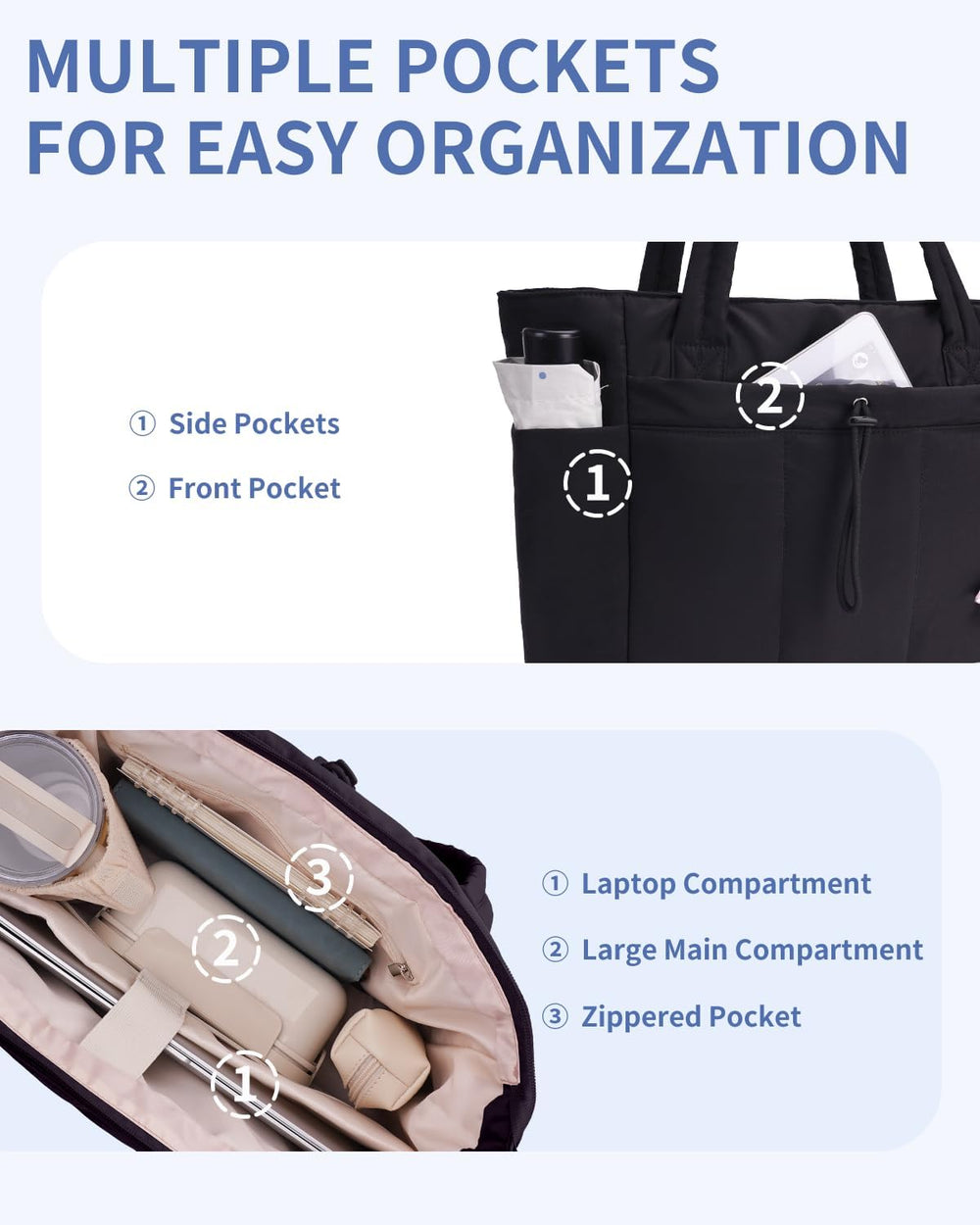 Quilted Puffer Tote Bag with Cup Holder & Laptop Sleeve - Stylish Travel & Work Companion