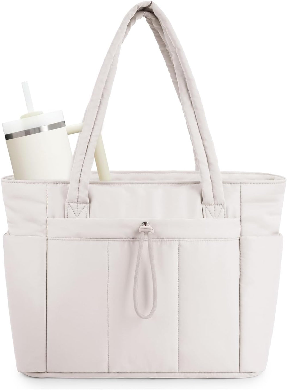 Quilted Puffer Tote Bag with Cup Holder & Laptop Sleeve - Stylish Travel & Work Companion