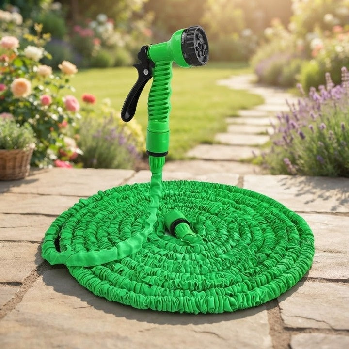 Expandable Garden Hose with 7-Function Spray Nozzle – 3x Stretch, Green & Standard Fittings