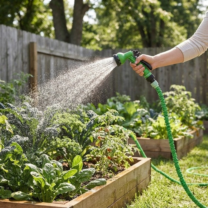 Expandable Garden Hose with 7-Function Spray Nozzle – 3x Stretch, Green & Standard Fittings