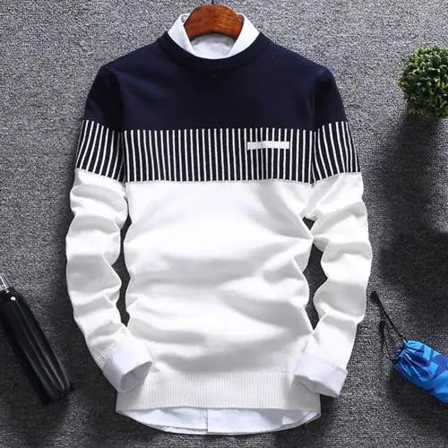 Men's knitted pullover with stripes and colour block design