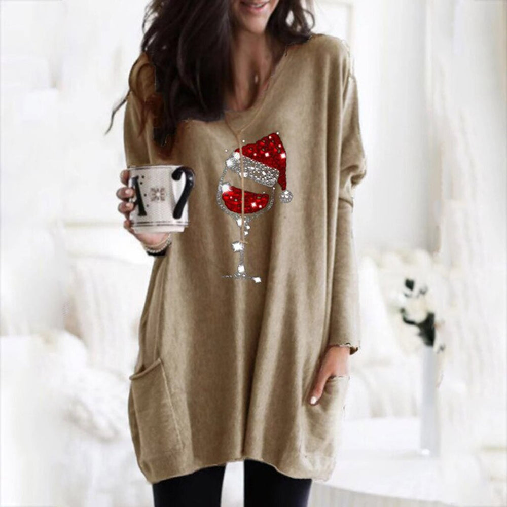 Festive Wine & Christmas Hat Sweatshirt for Women - Cozy Holiday Apparel