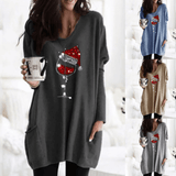 Festive Wine & Christmas Hat Sweatshirt for Women - Cozy Holiday Apparel