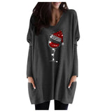 Festive Wine & Christmas Hat Sweatshirt for Women - Cozy Holiday Apparel