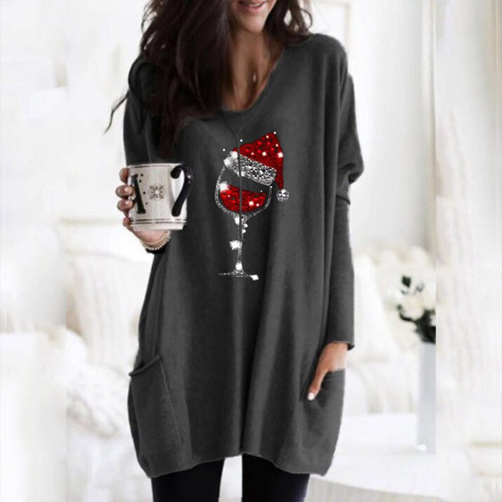 Festive Wine & Christmas Hat Sweatshirt for Women - Cozy Holiday Apparel