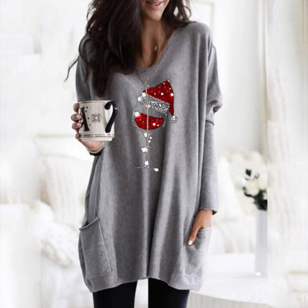 Festive Wine & Christmas Hat Sweatshirt for Women - Cozy Holiday Apparel