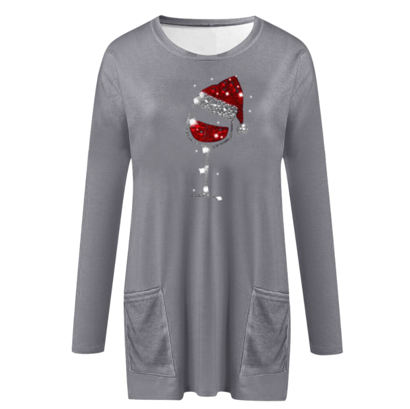 Festive Wine & Christmas Hat Sweatshirt for Women - Cozy Holiday Apparel