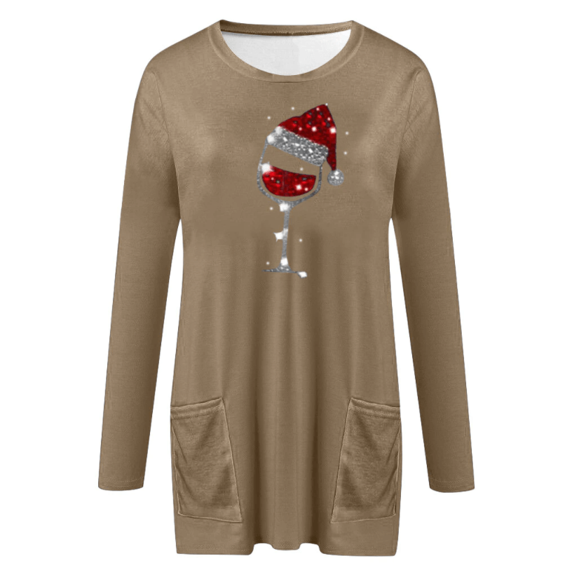 Festive Wine & Christmas Hat Sweatshirt for Women - Cozy Holiday Apparel