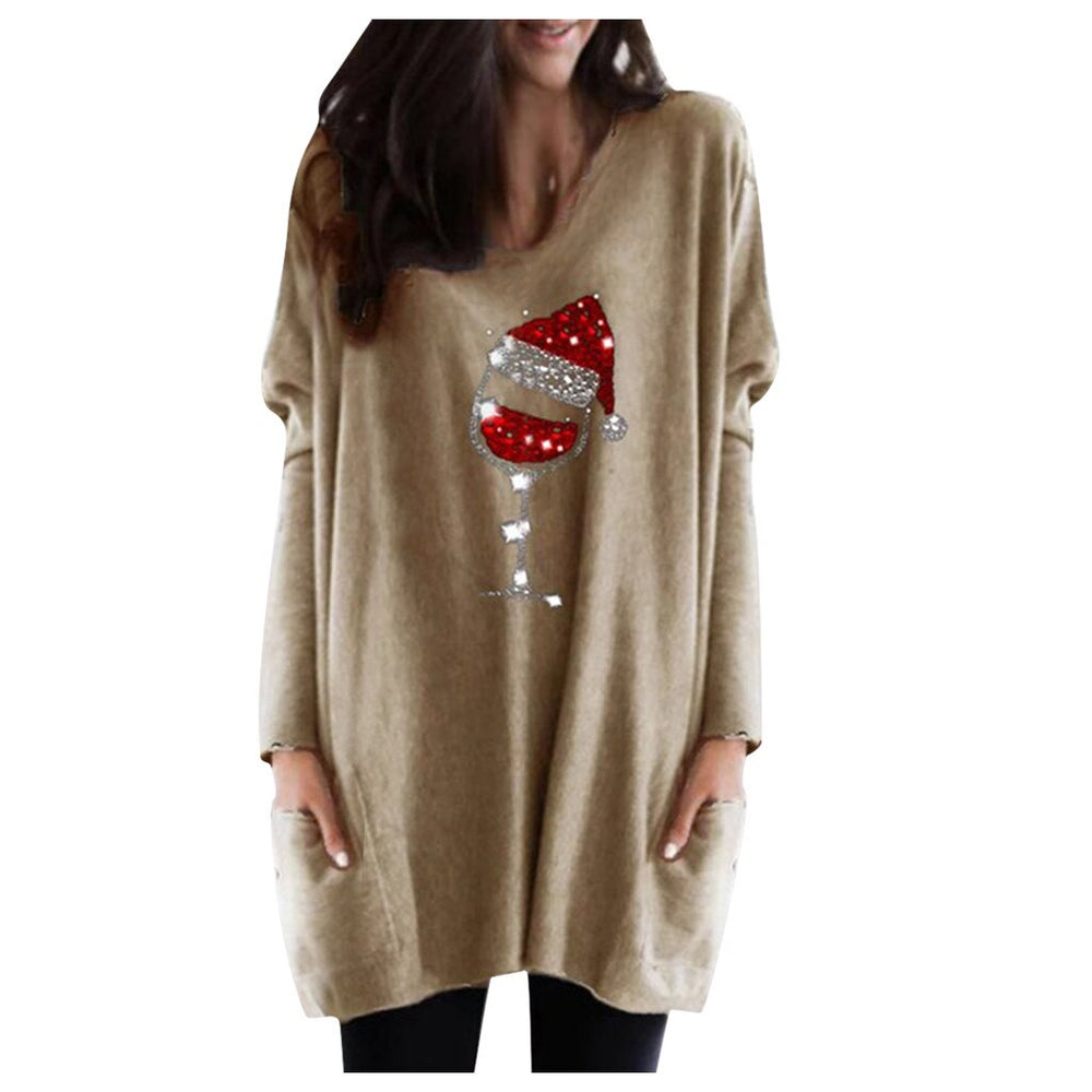 Festive Wine & Christmas Hat Sweatshirt for Women - Cozy Holiday Apparel