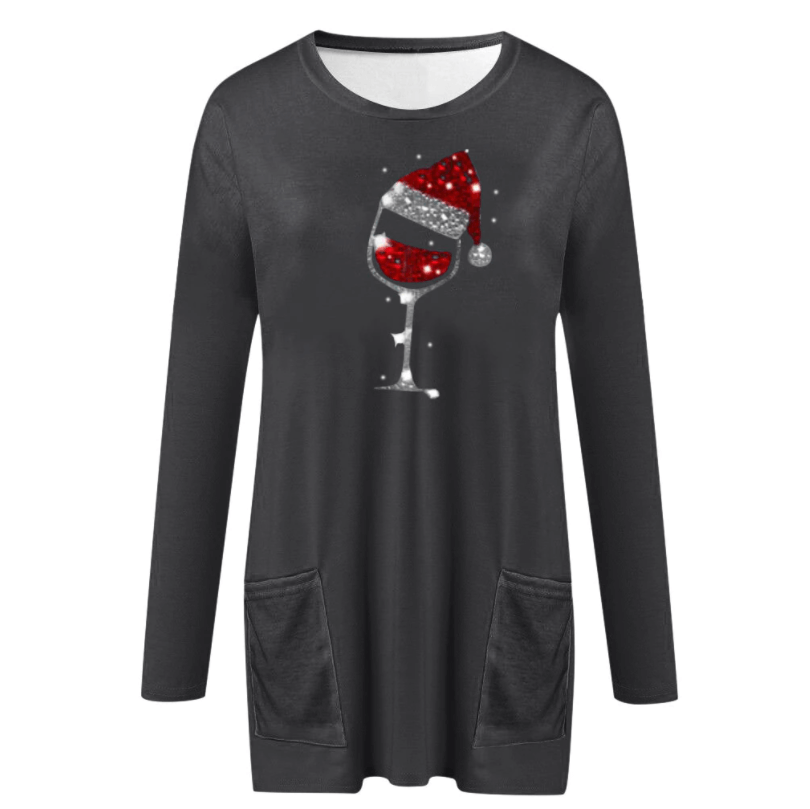 Festive Wine & Christmas Hat Sweatshirt for Women - Cozy Holiday Apparel