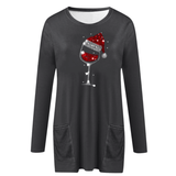 Festive Wine & Christmas Hat Sweatshirt for Women - Cozy Holiday Apparel