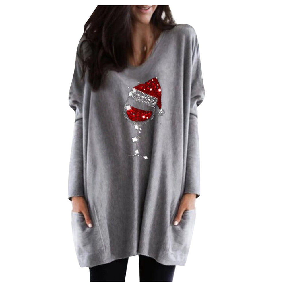 Festive Wine & Christmas Hat Sweatshirt for Women - Cozy Holiday Apparel