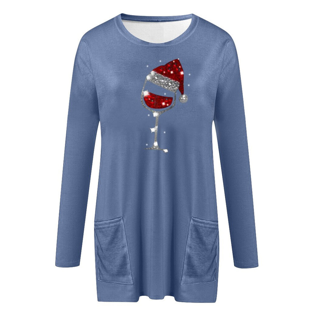 Festive Wine & Christmas Hat Sweatshirt for Women - Cozy Holiday Apparel