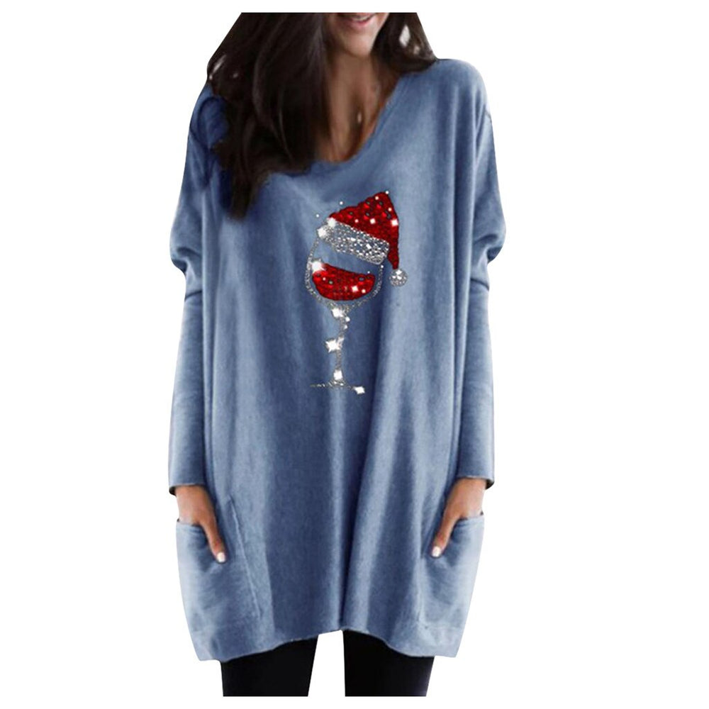 Festive Wine & Christmas Hat Sweatshirt for Women - Cozy Holiday Apparel
