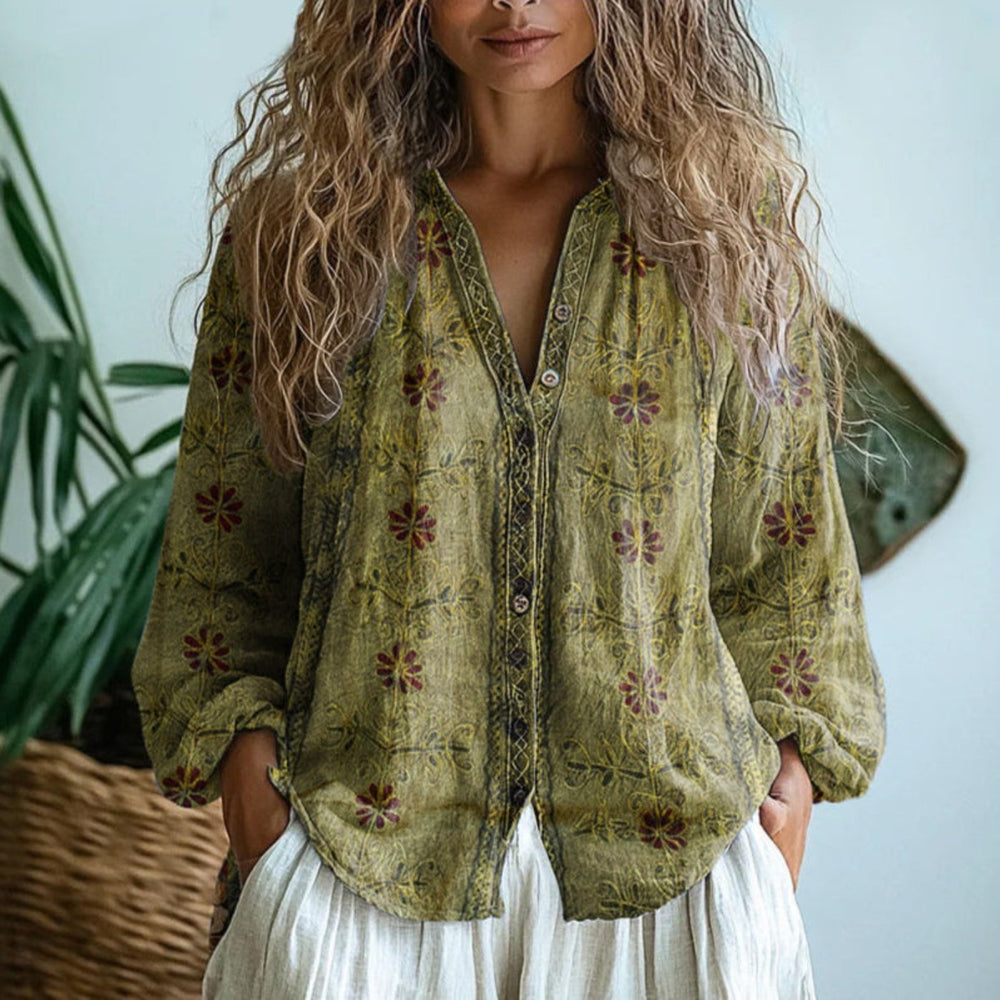 Evelyn | Women's Boho Linen Button-Down Cardigan Blouse Long Sleeve V-Neck