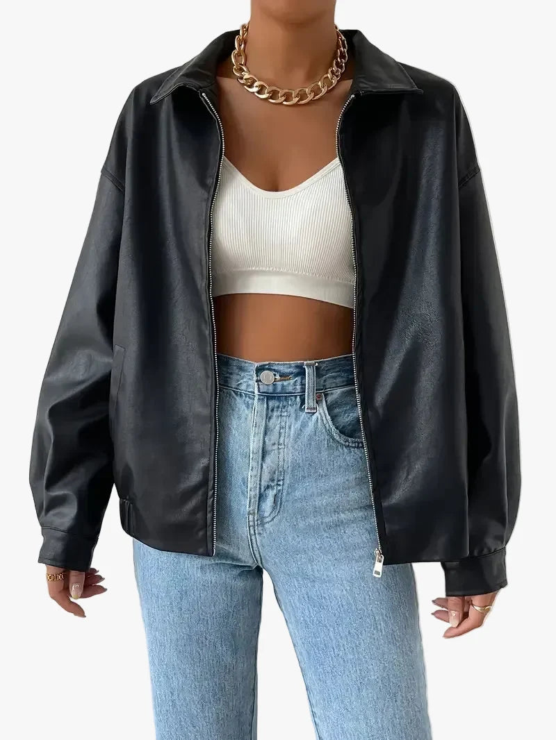 Stylish Women's Faux Bomber Jacket with Zip Front & Point Collar - Trendy Outerwear for Every Season