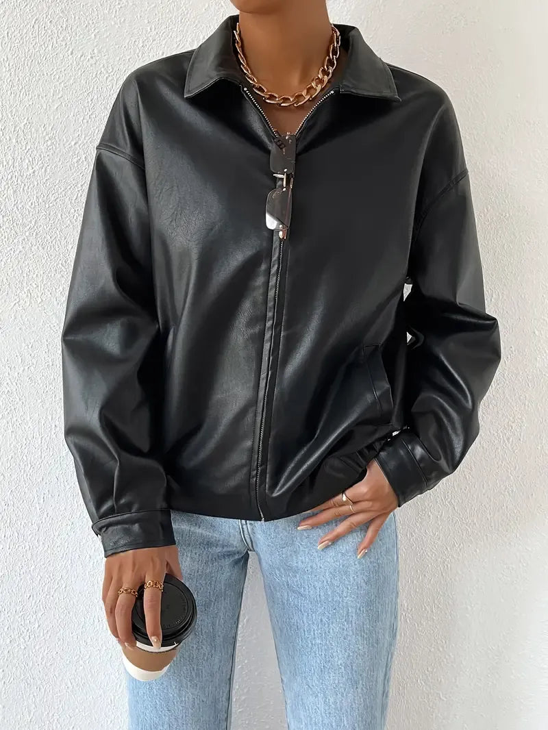 Stylish Women's Faux Bomber Jacket with Zip Front & Point Collar - Trendy Outerwear for Every Season